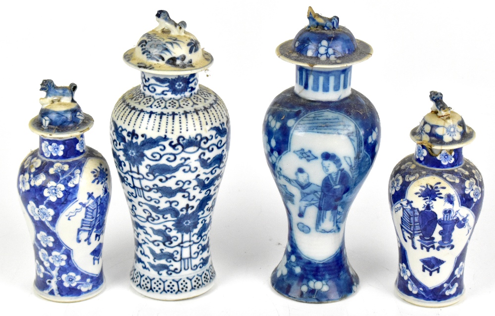 Four early 20th century Chinese blue and white lidded jars to include an example decorated with