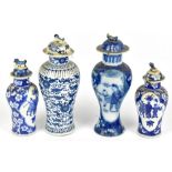 Four early 20th century Chinese blue and white lidded jars to include an example decorated with
