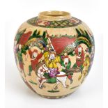 An early to mid-20th century crackle glazed ginger jar painted in enamels with warriors on