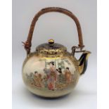 HOZAN; a good Japanese Meiji period Satsuma miniature teapot with rattan handle and figural