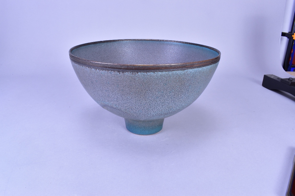 ABDO NAGI (1941-2001); a stoneware pedestal bowl covered in mottled blue glaze with bronze rim, made - Image 2 of 6