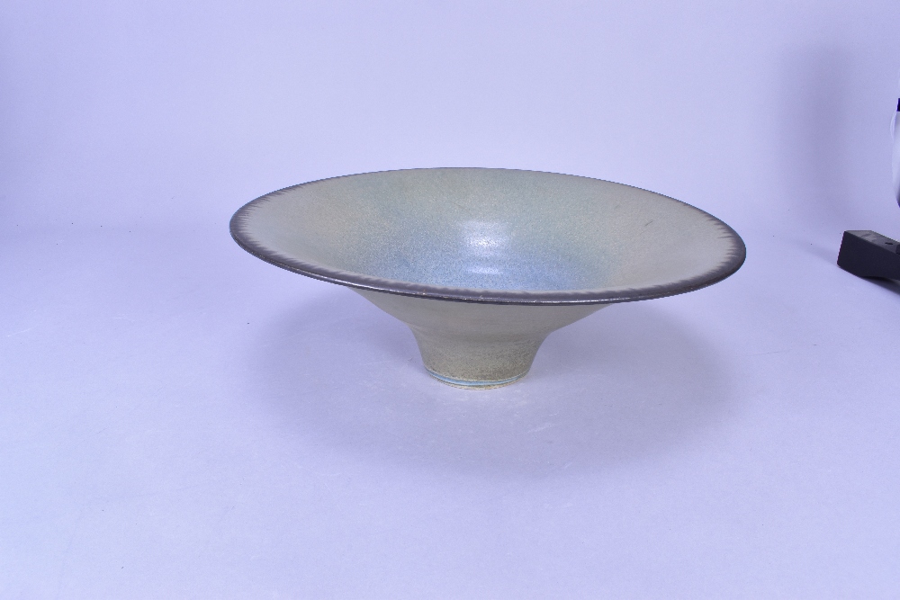 ABDO NAGI (1941-2001); a stoneware pedestal bowl covered in mottled green glaze with bronze rim, - Image 3 of 6