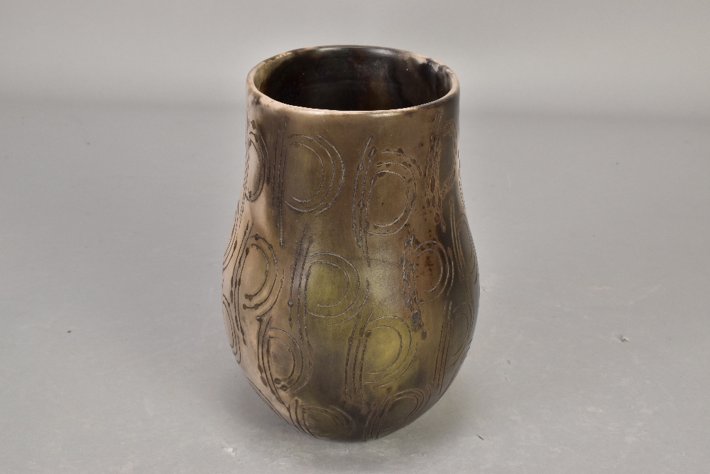 ANTONIA SALMON (born 1959); a smoke fired stoneware vessel, burnished with incised decoration, - Image 2 of 6