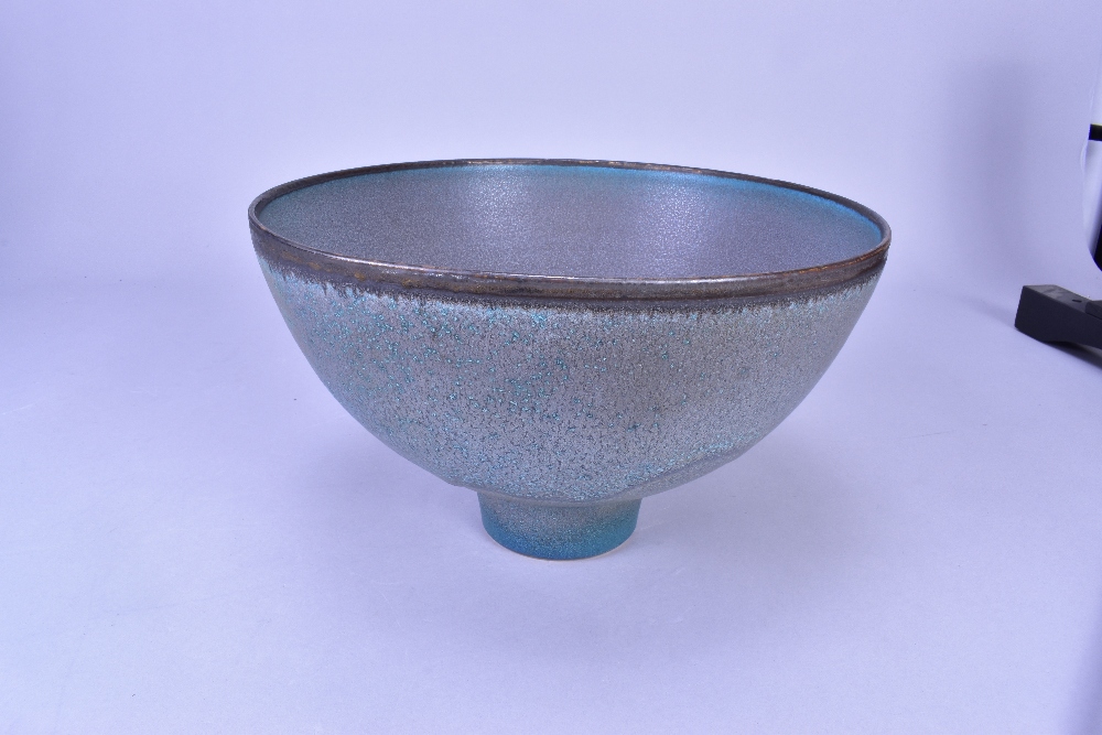 ABDO NAGI (1941-2001); a stoneware pedestal bowl covered in mottled blue glaze with bronze rim, made - Image 4 of 6