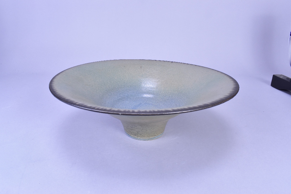 ABDO NAGI (1941-2001); a stoneware pedestal bowl covered in mottled green glaze with bronze rim, - Image 4 of 6