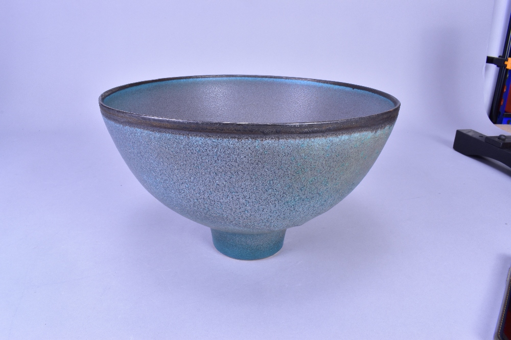 ABDO NAGI (1941-2001); a stoneware pedestal bowl covered in mottled blue glaze with bronze rim, made - Image 3 of 6