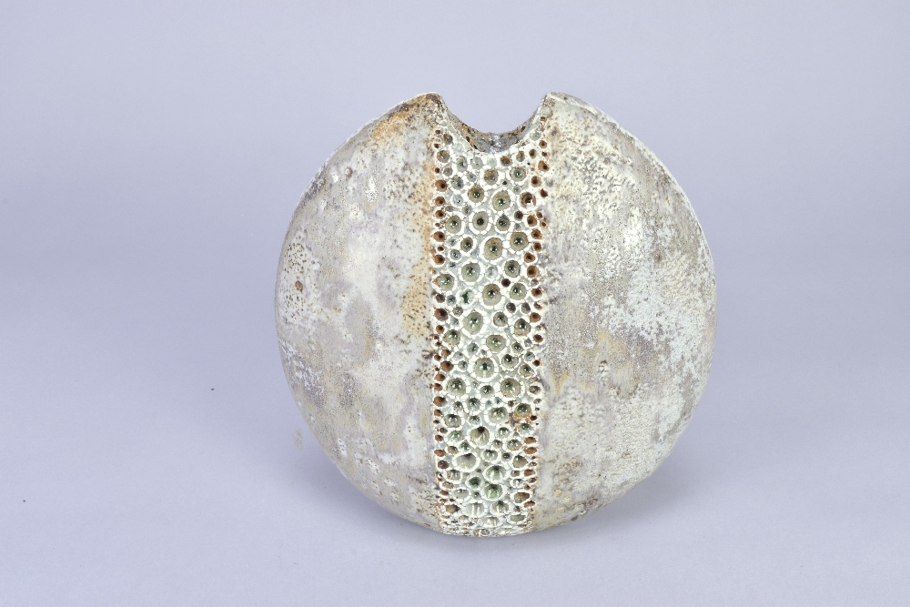 ALAN WALLWORK (1931-2019); a flattened oval stoneware pebble form decorated with a vertical band