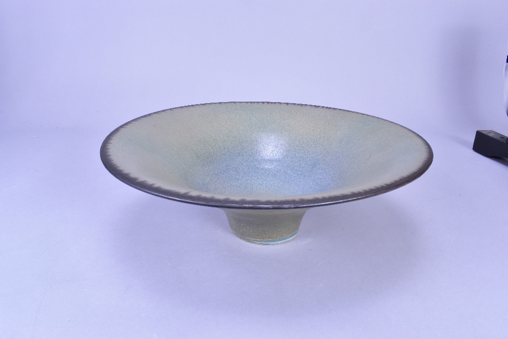 ABDO NAGI (1941-2001); a stoneware pedestal bowl covered in mottled green glaze with bronze rim, - Image 2 of 6