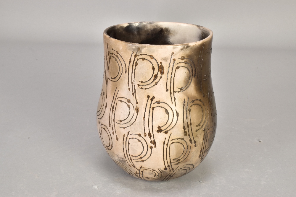 ANTONIA SALMON (born 1959); a smoke fired stoneware vessel, burnished with incised decoration,