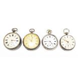 Four variously hallmarked silver open face pocket watches each set with Roman numerals and