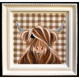 JENNIFER HOGWOOD; acrylic on canvas, 'Plaid Moo' signed lower left, 50 x 50cm, signed lower right,