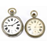 RAILWAY INTEREST (S.R. & L.S.W.R.); a plated crown wind pocket watch with white enamel dial set with