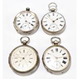 Four variously hallmarked silver key wind open face pocket watches including a chronograph, all four