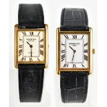 RAYMOND WEIL; a pair of his and hers gold plated wristwatches each with rectangular dial set with