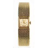 LONGINES; a circa 1950s lady’s 9ct yellow gold mechanical cocktail bracelet wristwatch, the square