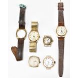A group of five vintage 9ct gold wristwatches including two Record examples set with Arabic numerals