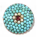 A Victorian yellow metal turquoise and seed pearl domed circular brooch, diameter 26mm.Additional