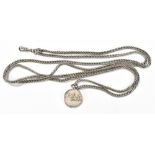 A Victorian white metal guard chain with hallmarked silver medal inscribed 'Mountsorrel Granite