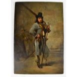 AFTER JAN STEEN; 18th century oil on board, study of a Cavalier with rifle upon his shoulder,