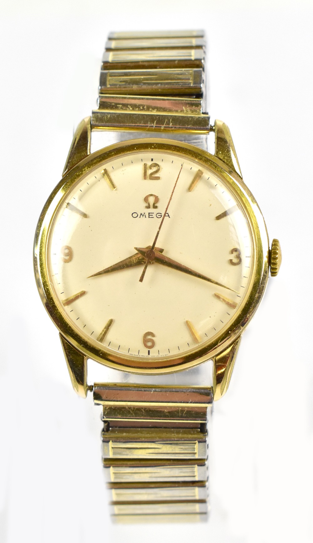 OMEGA; a gentleman's gold plated manual wind wristwatch, with Arabic quarter numerals and batons,