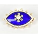 A Victorian yellow metal blue and white enamel cultured pearl and diamond set mourning brooch of