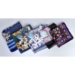 LIBERTY OF LONDON; five 100% silk scarves including a navy blue scarf with birds, 25 x 25 inches (