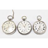 Three hallmarked silver key wind open face pocket watches with white enamel dial set with Roman