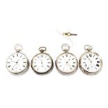Four variously hallmarked silver key wind open face pocket watches each with Roman numerals and