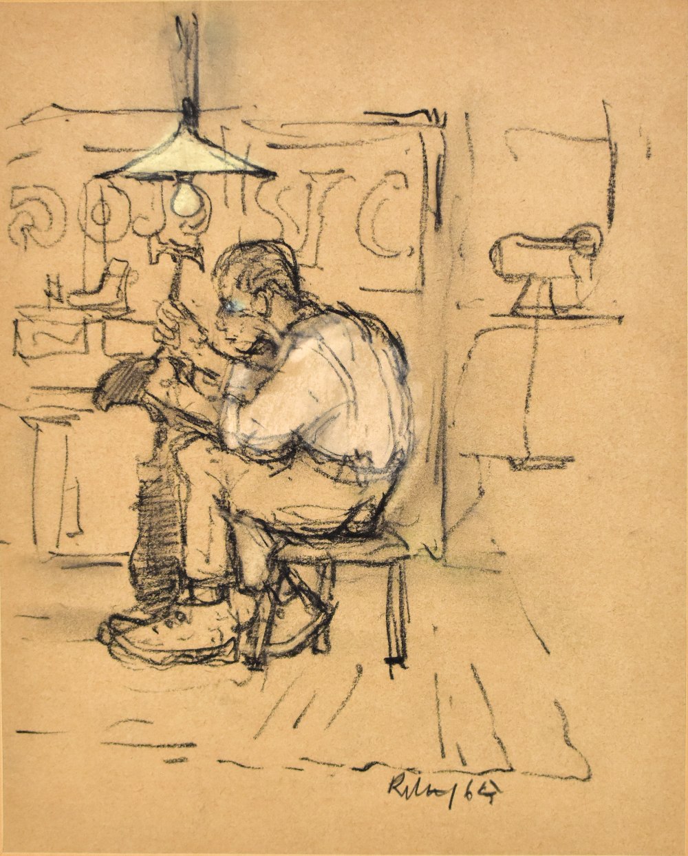 HAROLD RILEY DL, DLitt, FRCS, DFA, ATC (born 1934); crayon heightened with colour, The Cobbler, - Image 2 of 6