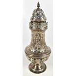 JOSIAH WILLIAMS & CO; a Victorian hallmarked silver sugar caster of baluster form with repoussé