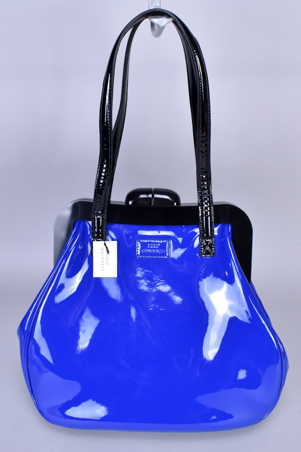 LULU GUINNESS; a patent leather cobalt blue leather 'Mid Pollyanna' handbag with a patent lips