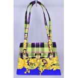 GIANNI VERSACE; a tartan and print fabric/canvas 'Barocco' shoulder bag with gold tone hardware,