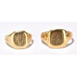 Two 9ct yellow gold signet rings, both indistinctly engraved with initials, sizes K1/2 and T,