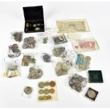 A group of coins including a Victorian 1892 crown, commemorative crowns, various loose coinage, also