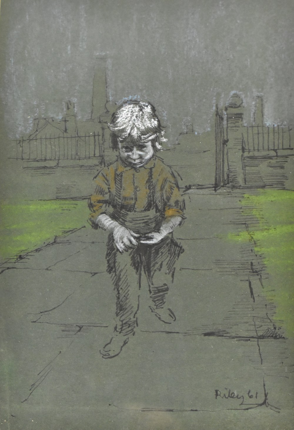 HAROLD RILEY DL DLitt FRCS DFA ATC (born 1934); mixed media, study of a young boy on a path, - Image 2 of 6