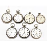 Seven variously hallmarked silver open face pocket watches with both Roman and Arabic numerals to