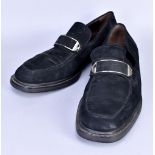 VERSACE; a pair of men's black suede loafer-style shoes with leather lining and rubber sole (size