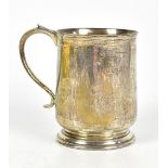 COOPER BROS & SONS LTD; a George VI hallmarked silver mug raised on stepped foot with engraved