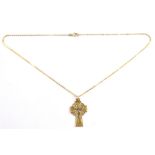 A 9ct yellow gold Celtic cross pendant suspended on a 9ct yellow gold fine link chain, length of