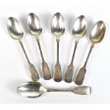 GEORGE ADAMS (CHAWNER & CO); a set of six Victorian hallmarked silver Fiddle pattern dessert spoons,