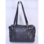 VERSACE; a soft black lamb leather shoulder bag embossed with signature geometric Greca stitching,