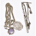 A hallmarked silver pocket watch chain with blood stone swivel fob to one end, spring loaded clip to