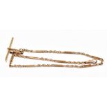 ***WITHDRAWN*** A 9ct yellow gold watch chain with twin spring clips and T-bar, length 34cm,