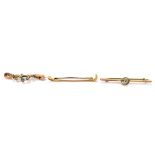 A 9ct yellow gold seed pearl bar brooch, a 9ct yellow gold bar brooch in the form of a riding