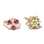 Two 9ct yellow gold floral set rings, the first with opals, size P1/2, the second with cultured