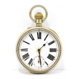 A crown wind open face Goliath nickel plated pocket watch with white enamel dial set with Roman