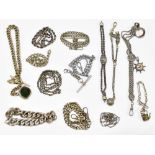 A group of various plated and white metal fob chains, one with blood stone swivel fob, one with