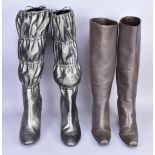 PRADA; a pair of knee-length grey calfskin leather boots with heel (size 36 and 36.5), a pair of