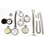 Two hallmarked and one 0.800 silver cased pocket watches, three plated examples including a Liga