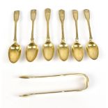 A matched set of six hallmarked silver gilt shell detailed teaspoons and pair of sugar tongs, two